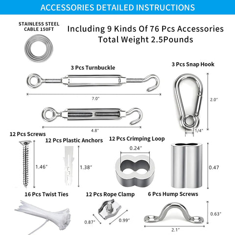 Outdoor String Light Suspension Kit With Vinyl Coated Stainless Steel Cable And 150 Ft Transparent PVC Wire Includes 304 Stainless Steel Wire Cable Turnbuckles And Hooks For Weatherproof Patio Ambience Easy To Install accessories with screws, clamps, and hooks
