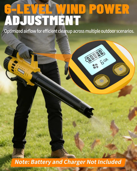 Person using Cordless Leaf Blower Beast Mode For 20V Max Battery Power, 480 CFM Airflow At 130 MPH with digital display.
