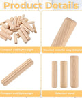 Image showing a Thirty Piece Wood Dowel Set With One Quarter Inch, Three Eighths Inch, And Five Sixteenths Inch Hardwood Fluted Dowels For Woodworking Crafts Furniture DIY Projects Grooved Pins And Pegs Pro Grade Tough And Ready For Any Build with close-up views of the wooden dowels, showcasing their fluted design and various sizes for easy installation.