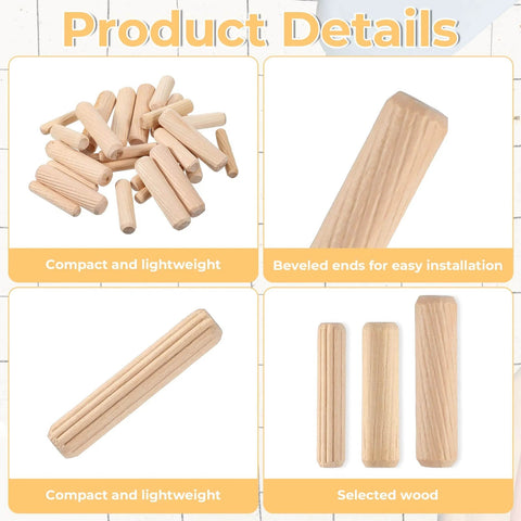 Image showing a Thirty Piece Wood Dowel Set With One Quarter Inch, Three Eighths Inch, And Five Sixteenths Inch Hardwood Fluted Dowels For Woodworking Crafts Furniture DIY Projects Grooved Pins And Pegs Pro Grade Tough And Ready For Any Build with close-up views of the wooden dowels, showcasing their fluted design and various sizes for easy installation.