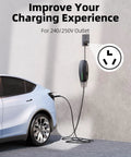 Nema 10-30 Adapter For Tesla Mobile Charger Gen Two No Sweat 240 Volt Dryer Outlet Plug Connector Up To 24 Amps With Five Foot Cable charging a Tesla parked next to a wall outlet.