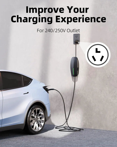 Nema 10-30 Adapter For Tesla Mobile Charger Gen Two No Sweat 240 Volt Dryer Outlet Plug Connector Up To 24 Amps With Five Foot Cable charging a Tesla parked next to a wall outlet.