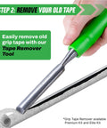 All In One Golf Grip Regripping Kit For Home Use With Hook Blade 15 Or 30 Tape Strips 5 Or 8 Oz Solvent Grip Tape Remover Bench Vise And Rubber Clamp For Easy Club Overhaul showing tape removal tool
