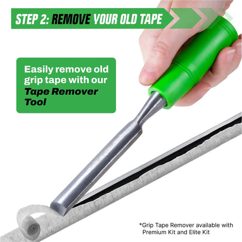 All In One Golf Grip Regripping Kit For Home Use With Hook Blade 15 Or 30 Tape Strips 5 Or 8 Oz Solvent Grip Tape Remover Bench Vise And Rubber Clamp For Easy Club Overhaul showing tape removal tool