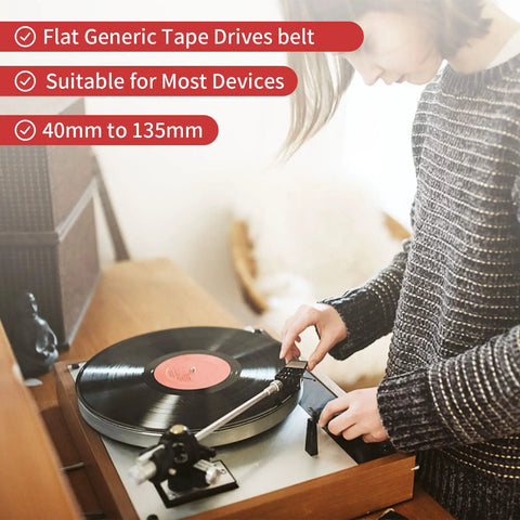Person using turntable with Flat Cassette Tape Player Drive Belts 3Mm Wide Universal Replacement for 40Mm to 135Mm Devices.