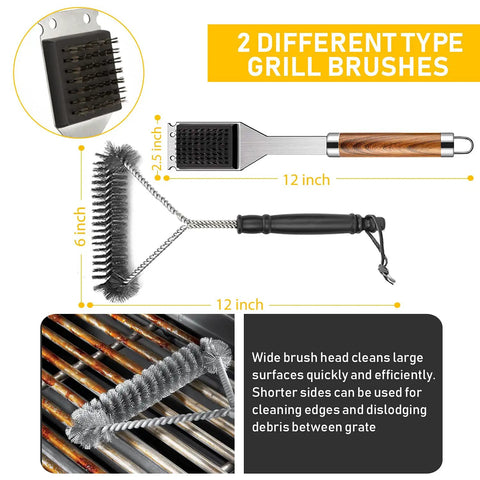 34Pcs Grill Accessories Set for Grilling Enthusiasts, Heavy Duty 16 Inch Stainless Steel BBQ Tools With Thermometer, Grill Mats for Backyard, featuring two grill brushes with measurements.