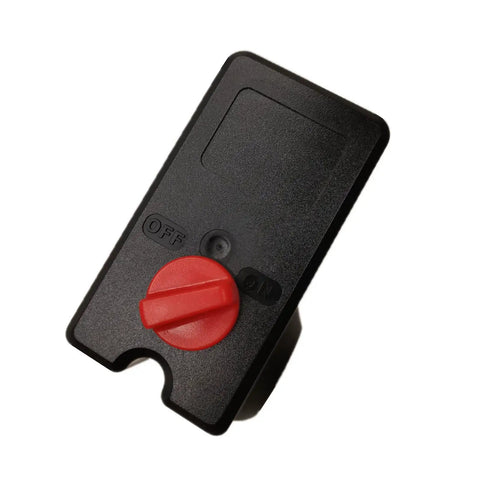Beefed Up Replacement Pressure Switch Compatible With Porter Cable Air Compressors 105 To 135 Psi Dual Voltage 120 240 Volt 26 Amp 4 Port Quick Connect Fitting Runs Smooth Through The Grind, top view with red knob.