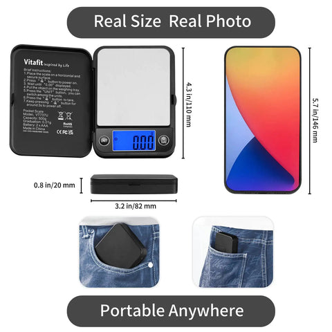 Ultra Accurate 0.01g Digital Pocket Scale With 500g Capacity For Lab Kitchen Coffee Jewelry And Food Black Portable Precision Weighing For On The Go Outdoors shown with dimensions and pocket fit