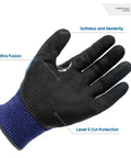 Single black and blue Cut Resistant Work Gloves With Power Grip For Men And Women ANSI A5 Impact Protection Heavy Duty HPPE Safety Gloves palm view