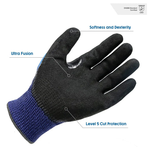 Single black and blue Cut Resistant Work Gloves With Power Grip For Men And Women ANSI A5 Impact Protection Heavy Duty HPPE Safety Gloves palm view