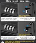 Instructions for setting a new code on the portable safe box with combo lock, showing dials and reset lever positions.