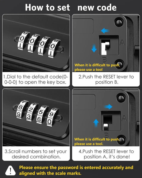 Instructions for setting a new code on the portable safe box with combo lock, showing dials and reset lever positions.