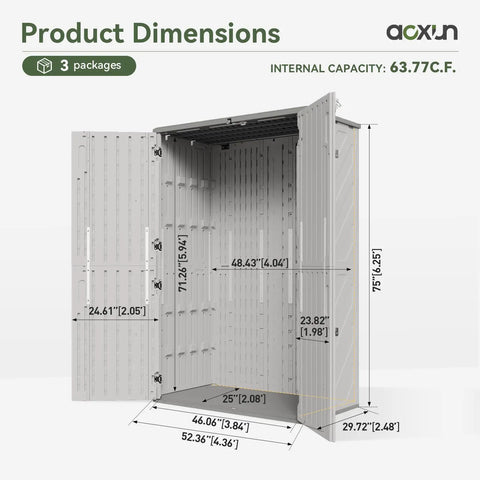 Outdoor Resin Storage Shed With Floor, 64 Cu Ft Vertical Storage Shed open showing dimensions and four-door access