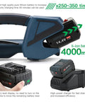 Kick Butt On Pallet Jobs With This Heavy Duty Semi Automatic Strapping Machine For Pp Pet Cartons Using A 4000Mah Battery showing 14.4V battery.