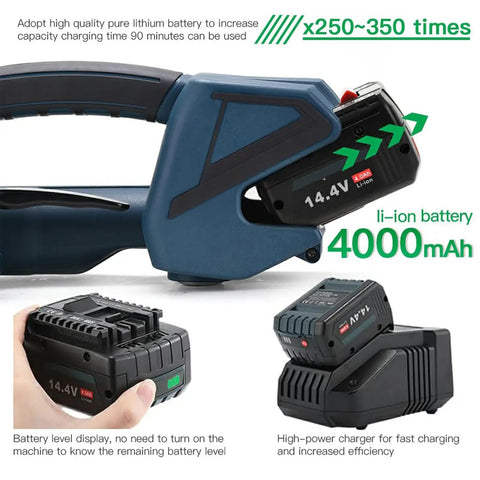 Kick Butt On Pallet Jobs With This Heavy Duty Semi Automatic Strapping Machine For Pp Pet Cartons Using A 4000Mah Battery showing 14.4V battery.
