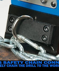 D-ring safety chain connector attached to the Heavy Duty 115 Volt Magnetic Drill Built Like A Tank With Kickin Three Speed Gearing Up To Two Three Eighths Inch Capacity.