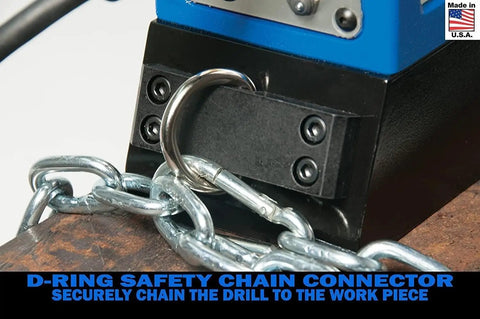 D-ring safety chain connector attached to the Heavy Duty 115 Volt Magnetic Drill Built Like A Tank With Kickin Three Speed Gearing Up To Two Three Eighths Inch Capacity.