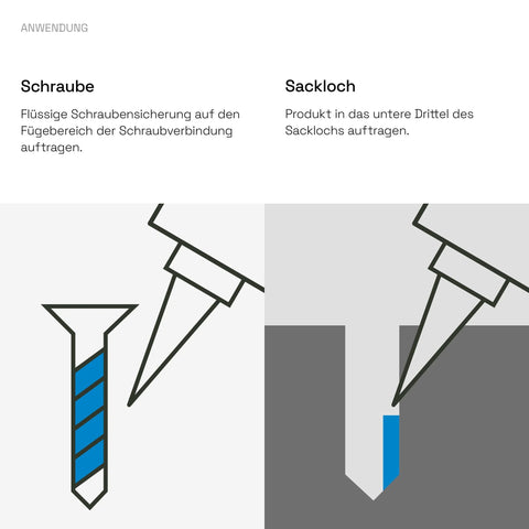Illustration of using blue thread locker metal fastening on screws and blind holes.
