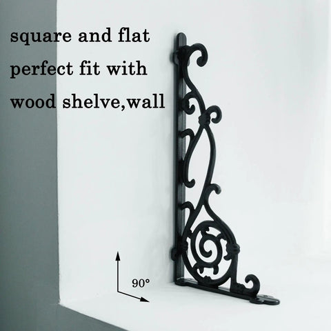Rock Solid Decorative Shelf Brackets Wrought Iron Corbels 15.5 X 7.2 In Antique Black side view on white wall.