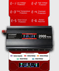No Sweat Setup Heavy Duty Road Warrior 2000 Watt 12V DC To 110V AC Inverter With Smart LCD Screen showing power status and protections.