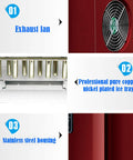 Quick Chill Portable Ice Cube Maker With Automatic Self Clean, Compact Countertop Machine shows exhaust fan, ice tray, and stainless steel housing.