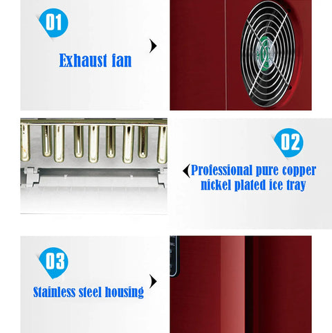 Quick Chill Portable Ice Cube Maker With Automatic Self Clean, Compact Countertop Machine shows exhaust fan, ice tray, and stainless steel housing.