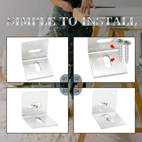 Z Clips Table Top Fasteners 20 Pack With 60 Screws Included For Wood Tabletops And Countertops, illustrated in installation steps.