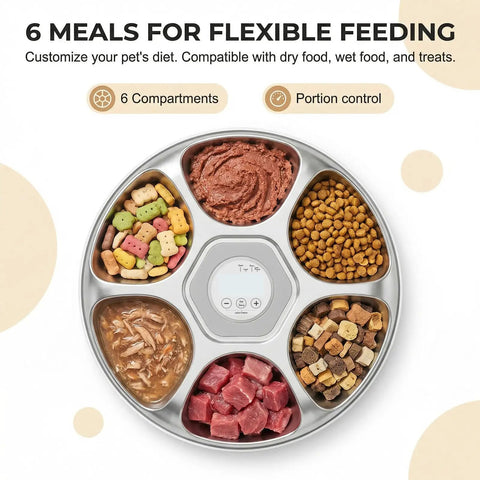Set It And Forget It Automatic Wet Food Feeder For Cats With Rust Proof Stainless Steel Tray visible with 6 food compartments.