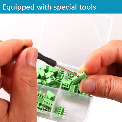 Hands adjusting a screw terminal block from the 52 Piece 0.1 Inch Pitch Screw Terminal Block Kit with special screwdriver.