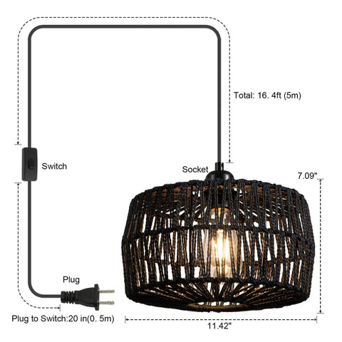 Black Woven Plug In Pendant Light With On Off Switch Rustic Round Ceiling Fixture Made From Natural Fibers Cozy Glow