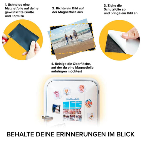 Installation guide for Self-Stick Magnetic Sheets 10-Pack With Extra Strong Adhesive for photos and labels on a fridge.