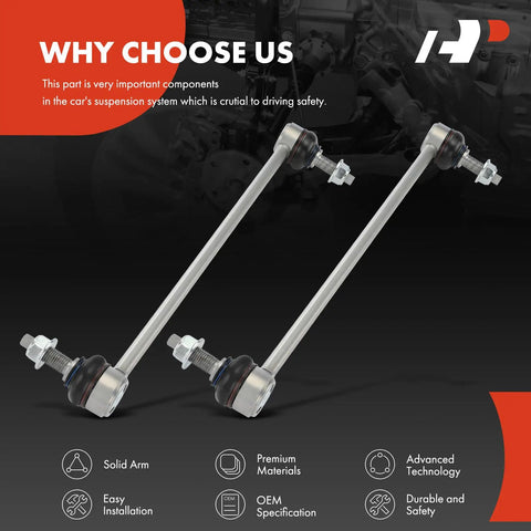 Two Pack Front Sway Bar Links Stabilizer Kit For Mercedes Benz CLA250 2014 2019 CLA45 AMG 2014 2019 GLA250 2015 2020 GLA45 AMG 2015 2019 B250 B250e B Electric Drive, aluminum sway bar links on black background