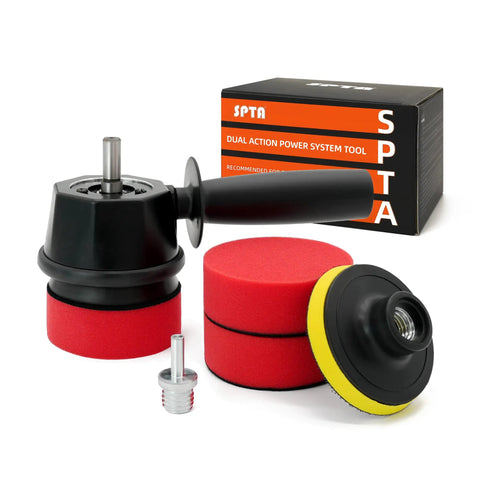 Forced Dual Action Polisher Adapter Kit With Three Polishing Pads For Cordless Drill displayed with boxed packaging
