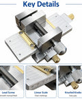 Heavy Duty Precision X Y Cross Slide Table With Vise For Drill Press And Milling close-up of lead screw and knurled knobs.