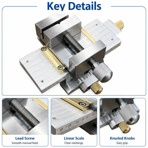 Heavy Duty Precision X Y Cross Slide Table With Vise For Drill Press And Milling close-up of lead screw and knurled knobs.