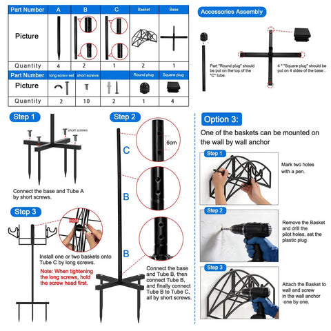 Assembly instructions for Heavy Duty Garden Hose Holder With Dual Hose Storage Holds 160 Ft Per Hose, showing parts and setup steps.