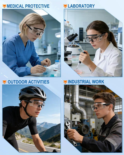 Boss Level Safety Glasses Over Eyeglasses With Hella Good Anti Fog Coating, Ansi Z87.1 Certified Eye Shield in a lab for protection.