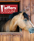 Brown horse in a stable with Jeffers Equine sign, no braided mule tape horse halter with 10 foot lead rope visible.