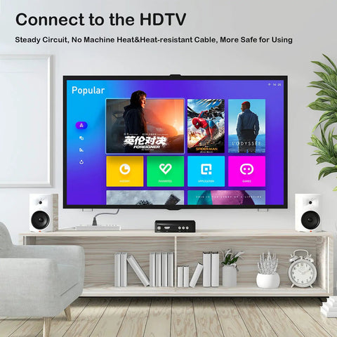Living room setup with HDTV, shelf speakers, and decor items, connected using Heavy Duty Six Point Six Foot Two Prong AC Power Cord Seven Amps 125 Volts 18 AWG Replacement Cable For TVs Monitors Printers Speakers Game Consoles Gamer Ready And 4K TVs Ideal For PS4 PS5 Sony Laptops And Home Theater Setups.