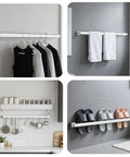Six Foot White Square Tube Handrail With Super Grip Joints For Indoor Stairs And Wall Mounted Rails featuring visible towels and clothing.