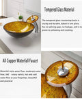 USZWBY Bathroom Vessel Sink,Tempered Glass Yellow Art Basin Round Bowl, 16.5" Bathroom Sinks with Waterfall Faucet and Pop Up Drain,Countertop Installation displayed with all copper waterfall faucet.