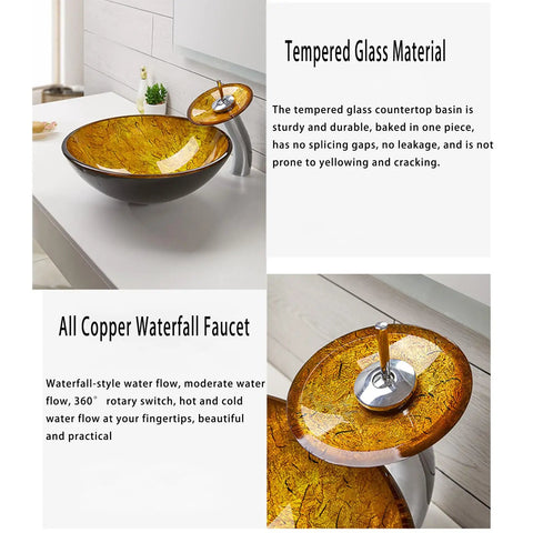 USZWBY Bathroom Vessel Sink,Tempered Glass Yellow Art Basin Round Bowl, 16.5" Bathroom Sinks with Waterfall Faucet and Pop Up Drain,Countertop Installation displayed with all copper waterfall faucet.