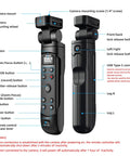 Front and side view of Vlogging Hand Grip Tripod With OLED Rechargeable Wireless Cam Remote showing buttons and ports.