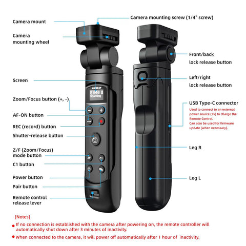 Front and side view of Vlogging Hand Grip Tripod With OLED Rechargeable Wireless Cam Remote showing buttons and ports.