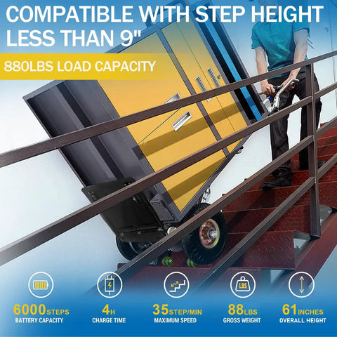 RXFSP Electric Stair Climbing Hand Truck Dolly With 880 Lb Heavy Duty Capacity, navigating stairs with yellow cart.