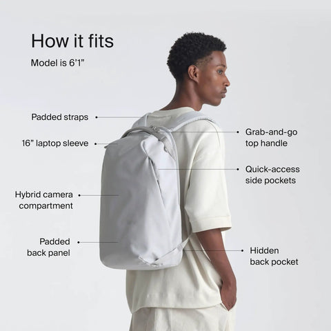 Model wearing Norite 24L Modular Camera Backpack For DSLR Lenses And 15-16 Inch Laptop Weatherproof Recycled Nylon In Ash Grey
