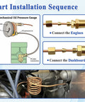 Installation guide for Beefed Up 72 Inch Oil Pressure Gauge Tubing Kit With Copper Tubing And Threaded Adapters shown in steps