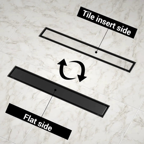 Matte Black 24 Inch Linear Shower Floor Drain With Dual Tile Insert Cover shown in tile insert and flat side options