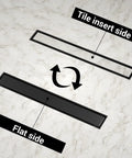 36 Inch Matte Black Linear Shower Drain With Reversible Flat And Tile Insert Cover showing both sides.