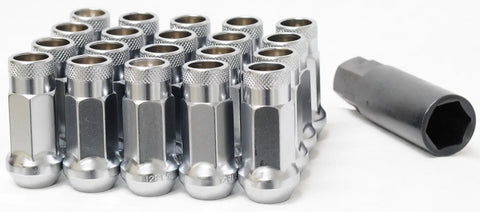 SR48 Open End Lug Nuts 12mm By 1.25 Thread Size Silver Lightweight Thin Wall Design With 60 Degree Taper Seat Knurled Top For Easy Install Cold Forged 50BV30 Construction Set Of 20